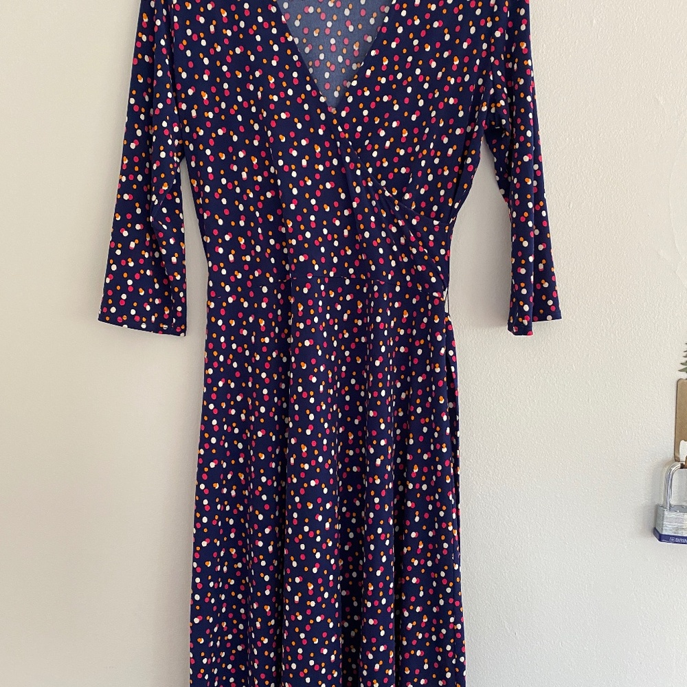 Leota Faux Wrap Dress,  Size L,  Navy Polka Dot, 3/4  sleeve